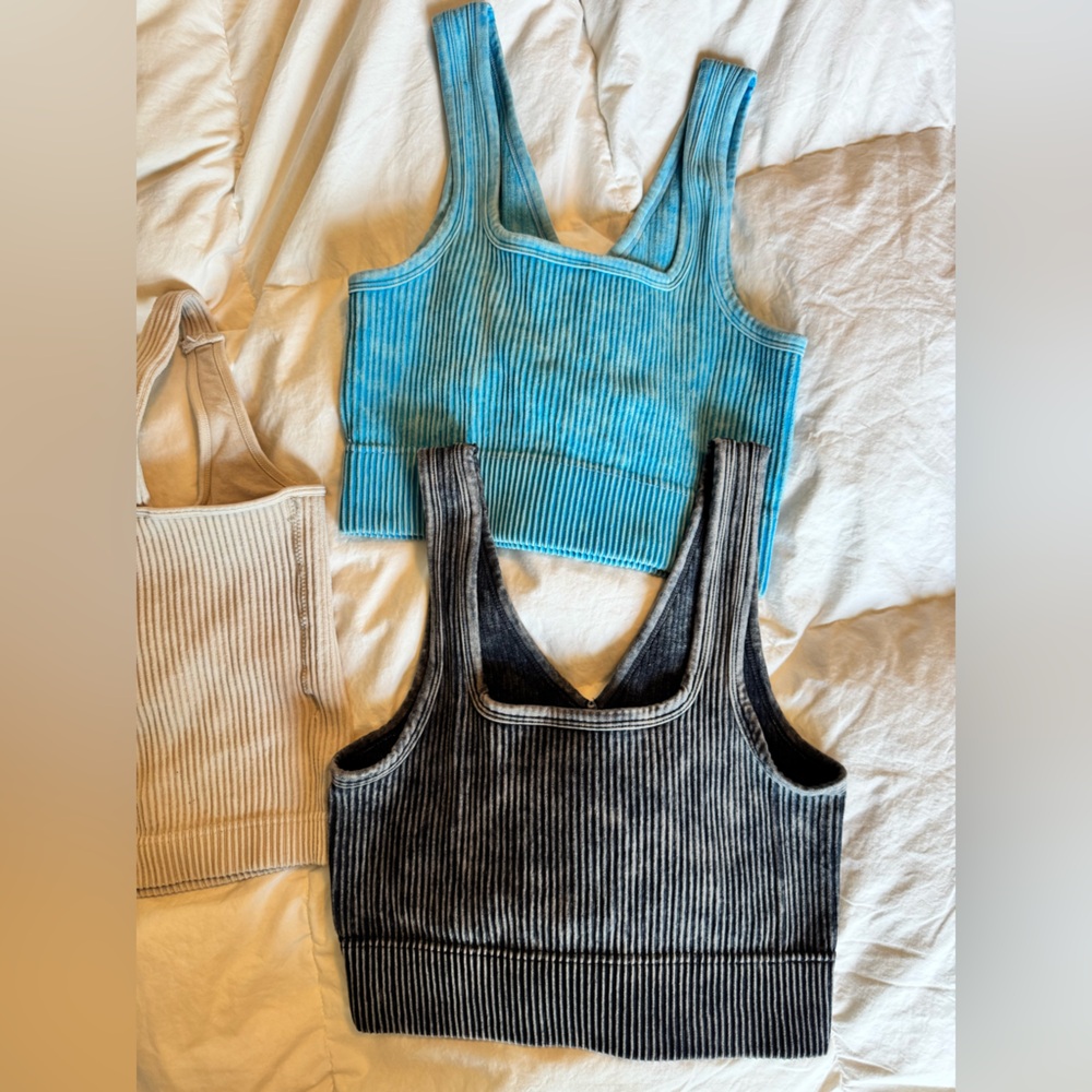 Zenana Outfitters Ribbed Crop Top Trio - Cream, Blue, Charcoal - Picture 2 of 6